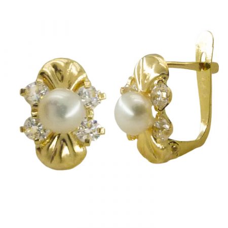 Pendientes comunión perla natural y 4 circonitas oro 18k