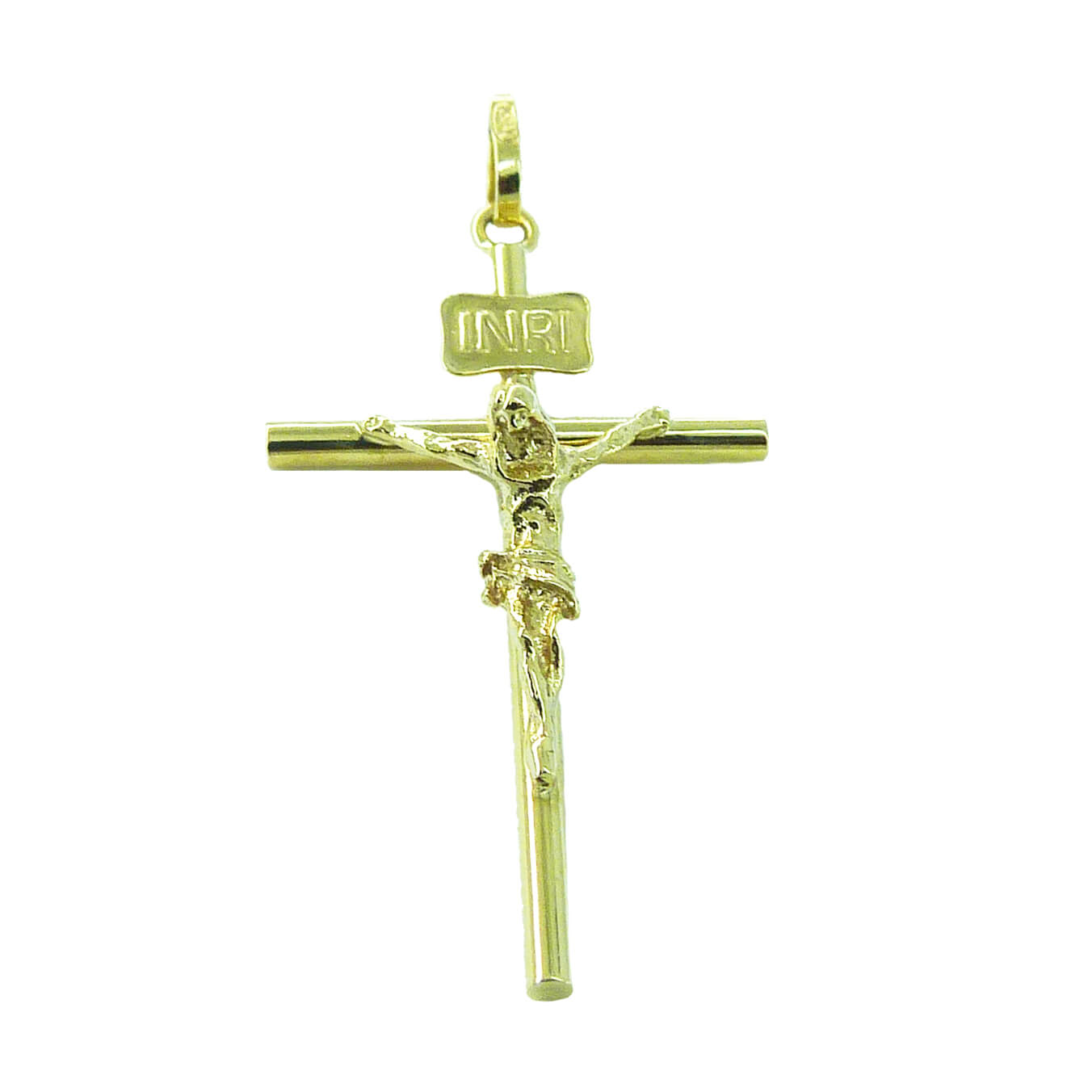 Colgante cruz de tubo con Cristo brillo 23x14x1'5mm. oro 18k