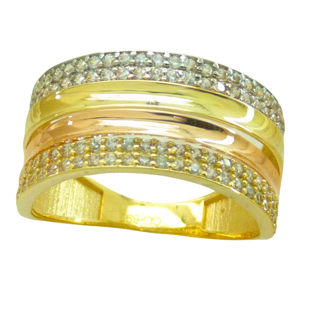 Anillo ancho brillo tricolor y circonitas oro 18k