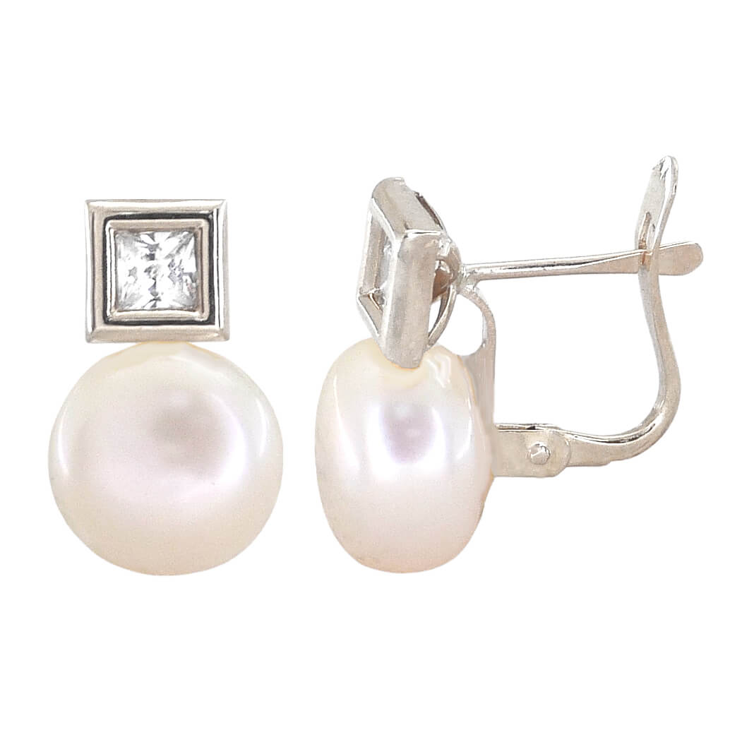 Pendientes circonita y perla de botón 6mm. oro blanco 18k