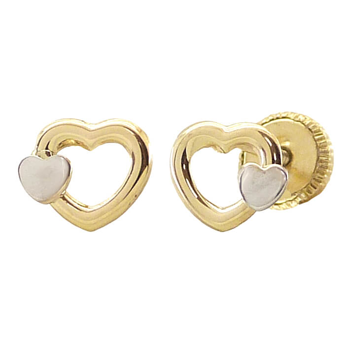 Pendientes doble corazón bicolor 5mm. oro 18k