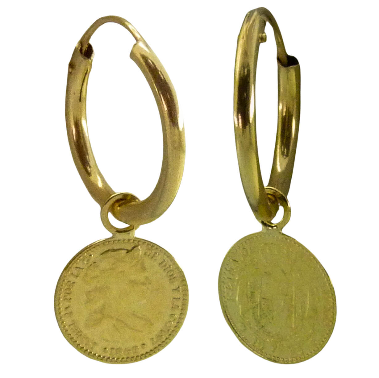 Pendientes aro con moneda 2 caras brillo oro 18k