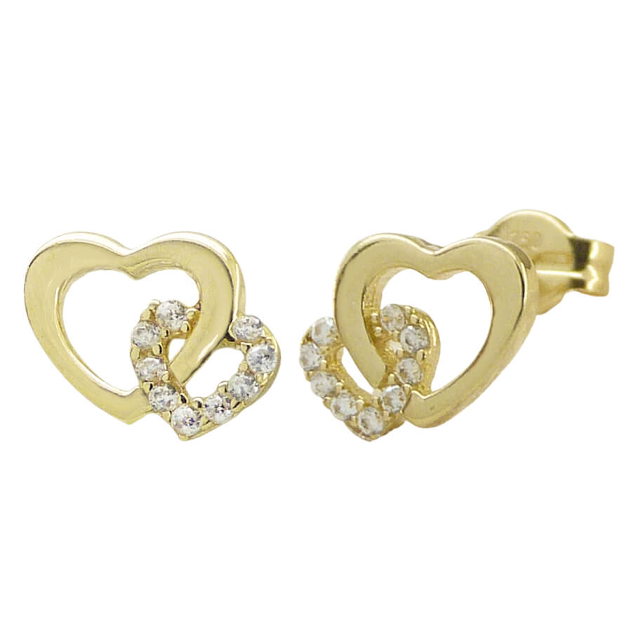 Pendientes corazón doble y circonitas 8mm. oro 18k