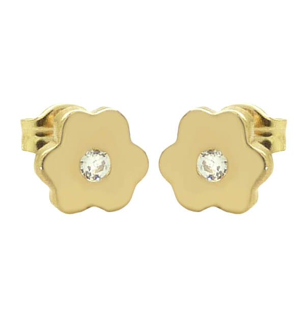 Pendientes flor brillo liso con circonita oro 18k
