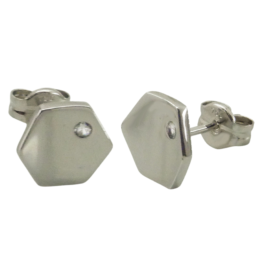 Pendientes hexágono brillo y circonita 8mm. oro blanco 18k
