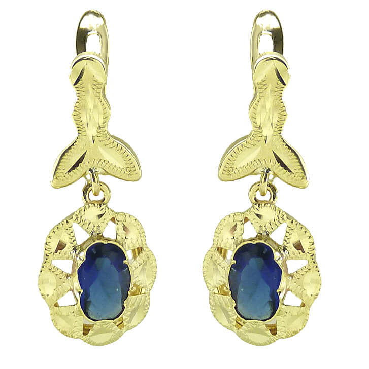Pendientes cubana tallados y calados piedra color zafiro oro 18k
