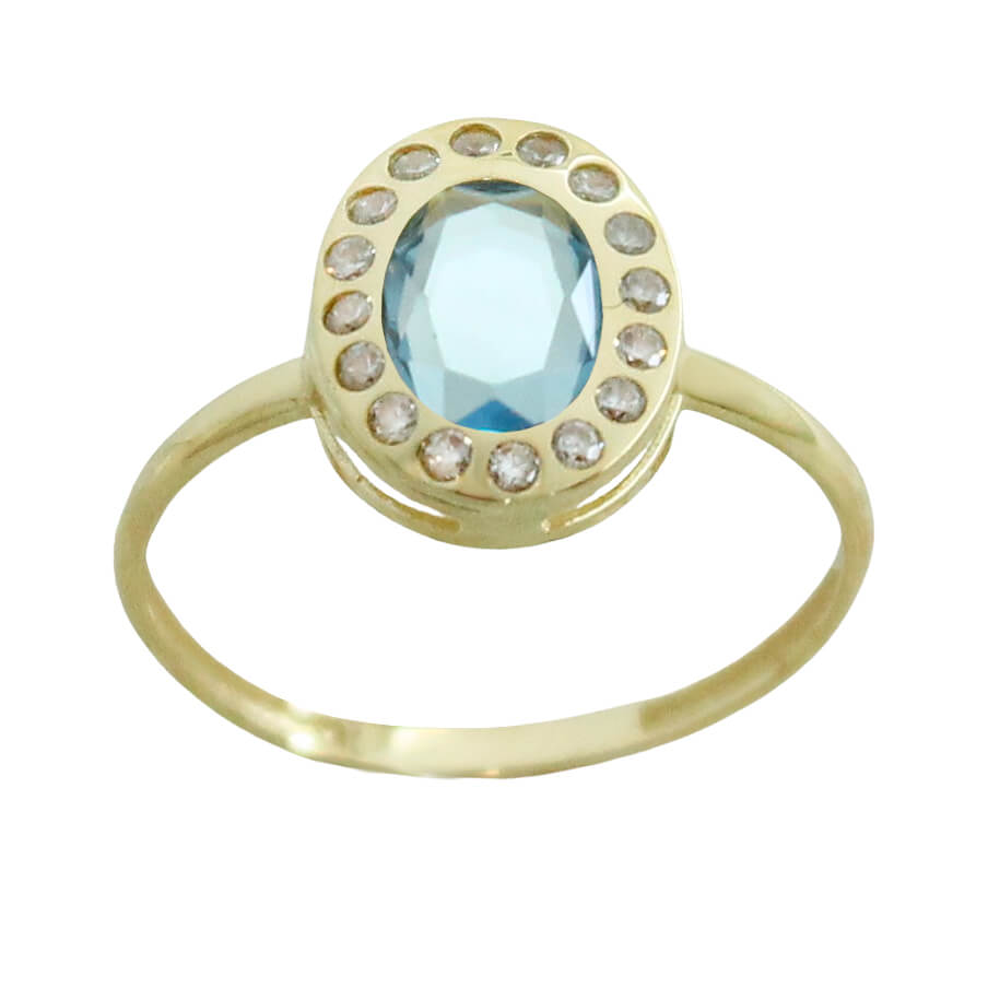 Sortija oval piedra color aguamarina y circonitas oro 18k