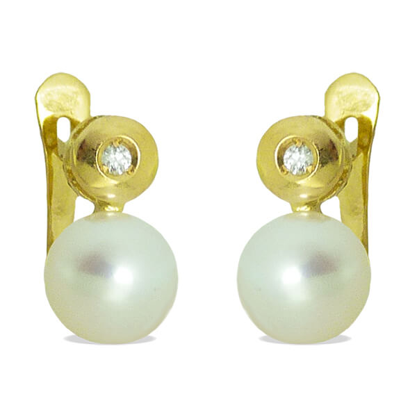 Pendientes chatón con diamantes y perlas de 6mm. oro 18k