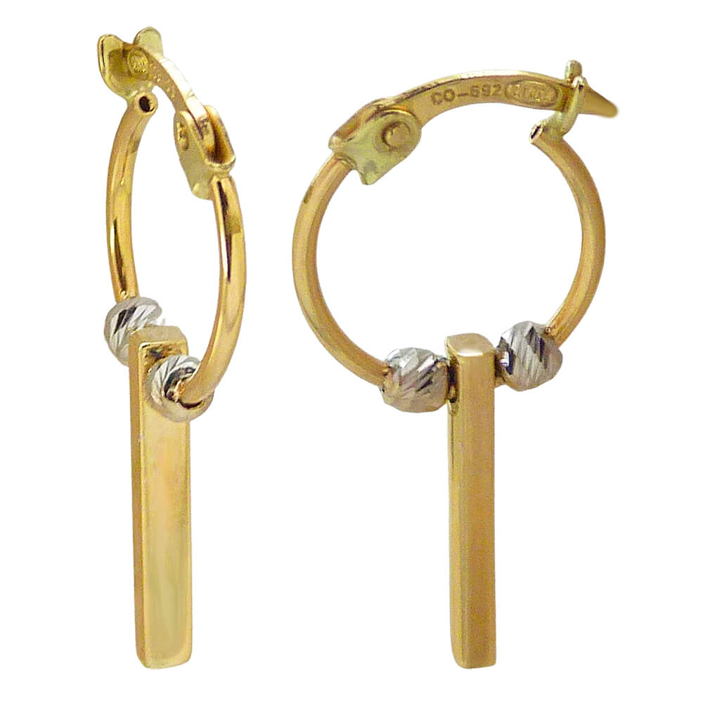 Pendientes aros bicolor bolas y barra 18k