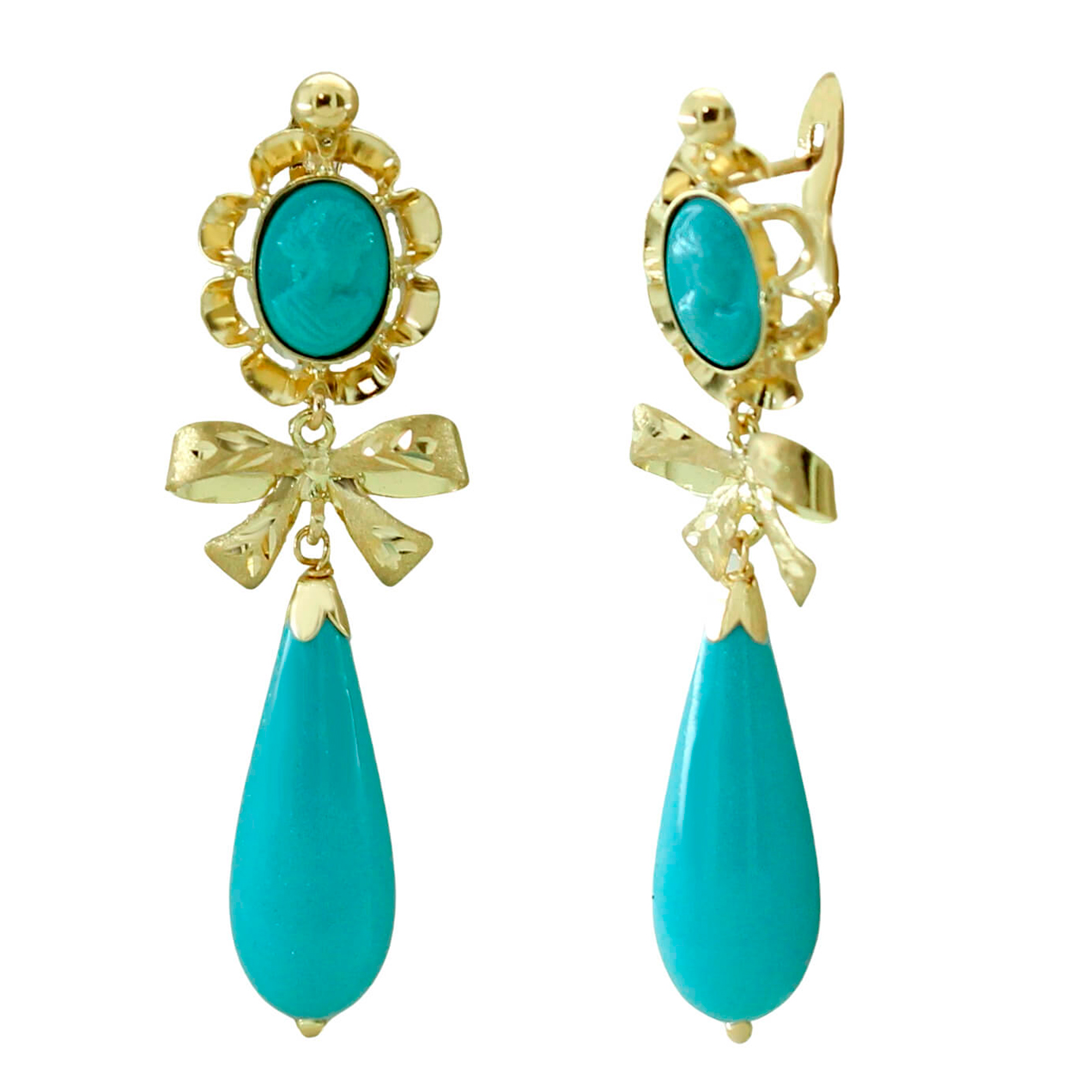 Pendiente arquillo y camafeo color turquesa lazo tallado oro 18k