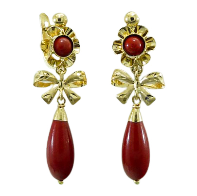 Pendientes arquillo chupón color coral moña medida 35mm.oro 18k