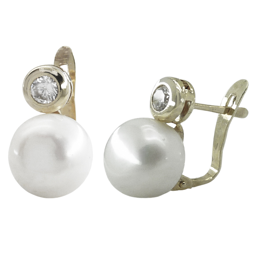 Pendientes comunión circonita 3mm y perla de 10mm.oro blanco 18k