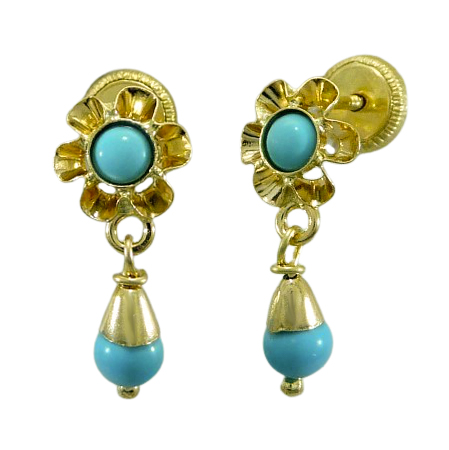 Pendientes arquillo bola color turquesa oro 18k
