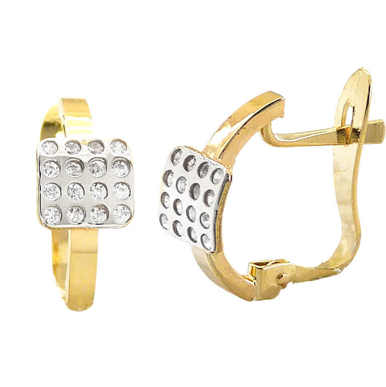 Pendientes comunion medio aro motivo cuadrado circonitas bicolor oro 18k
