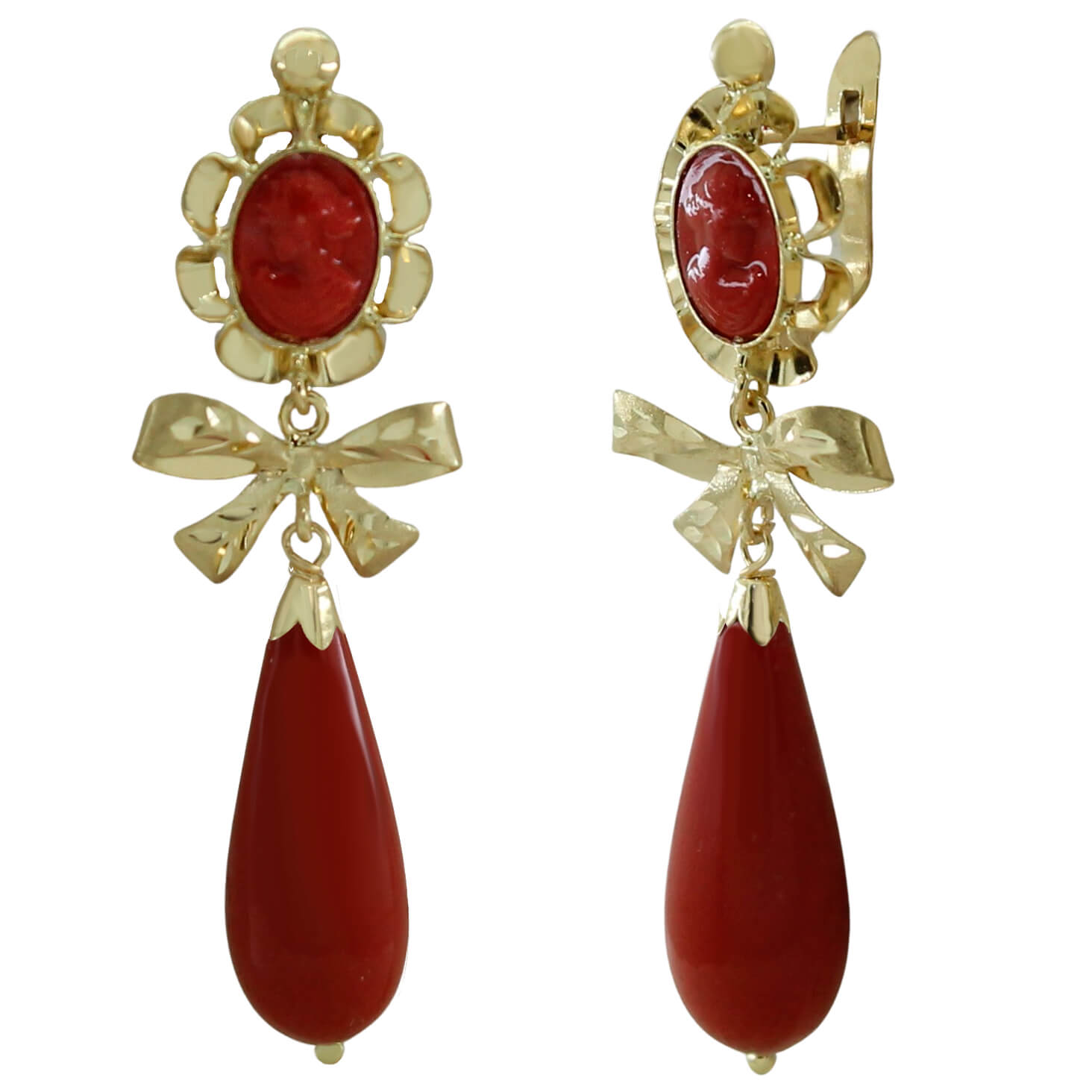 Pendientes arquillo tallados color coral con lazo oro 18k