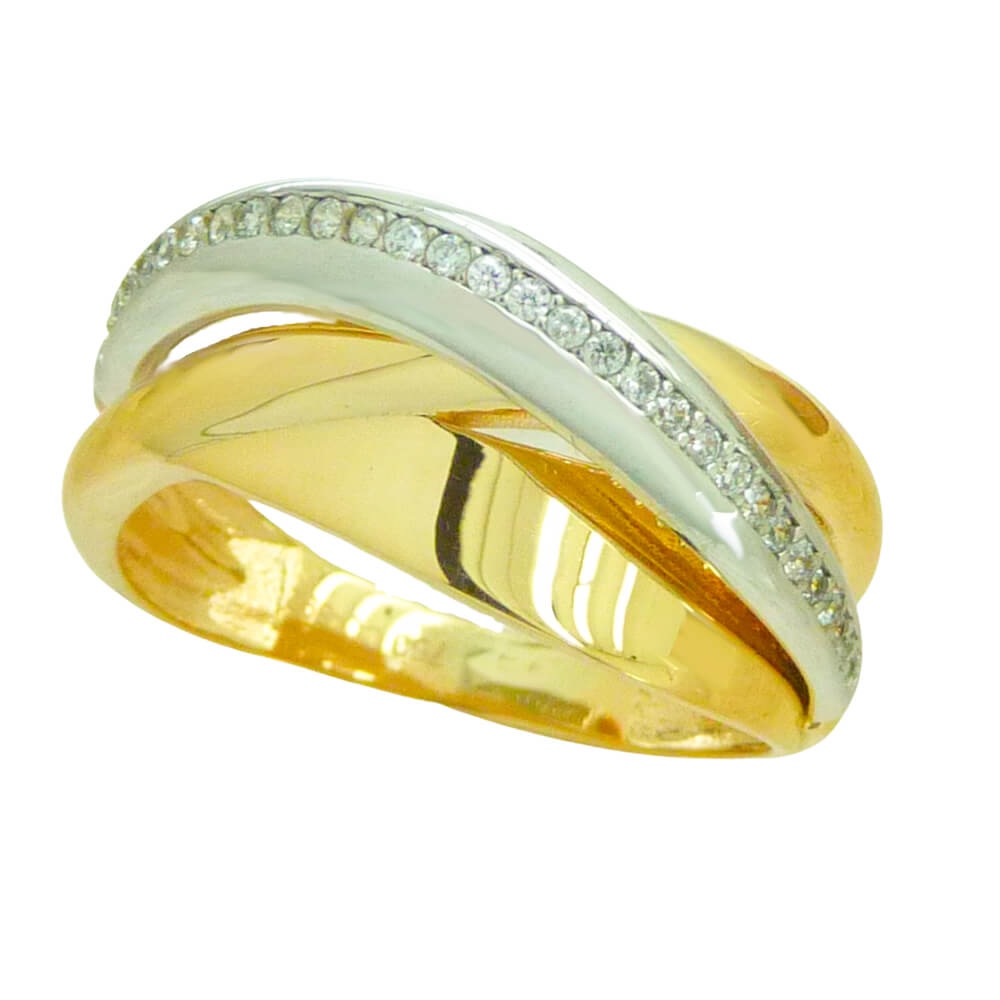 Anillo cruzado brillo bicolor y circonitas oro 18k