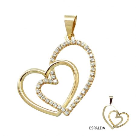 Colgante doble corazón brillo liso y circonitas oro 18k