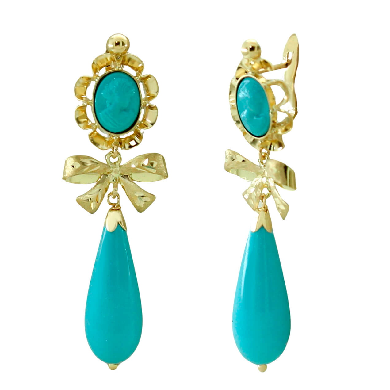 Pendientes arquillo moña chupon color azul oro 18k