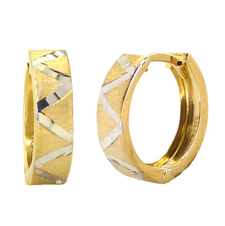 Aros huggies bicolor tallados y matizados 15x5mm. oro 18k