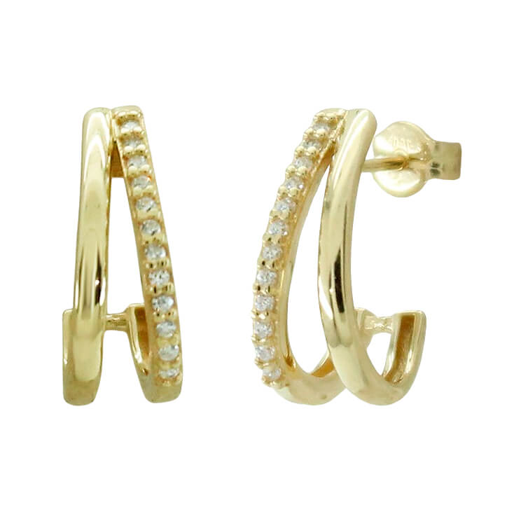 Pendientes doble aro con circonitas y brillo oro 18k