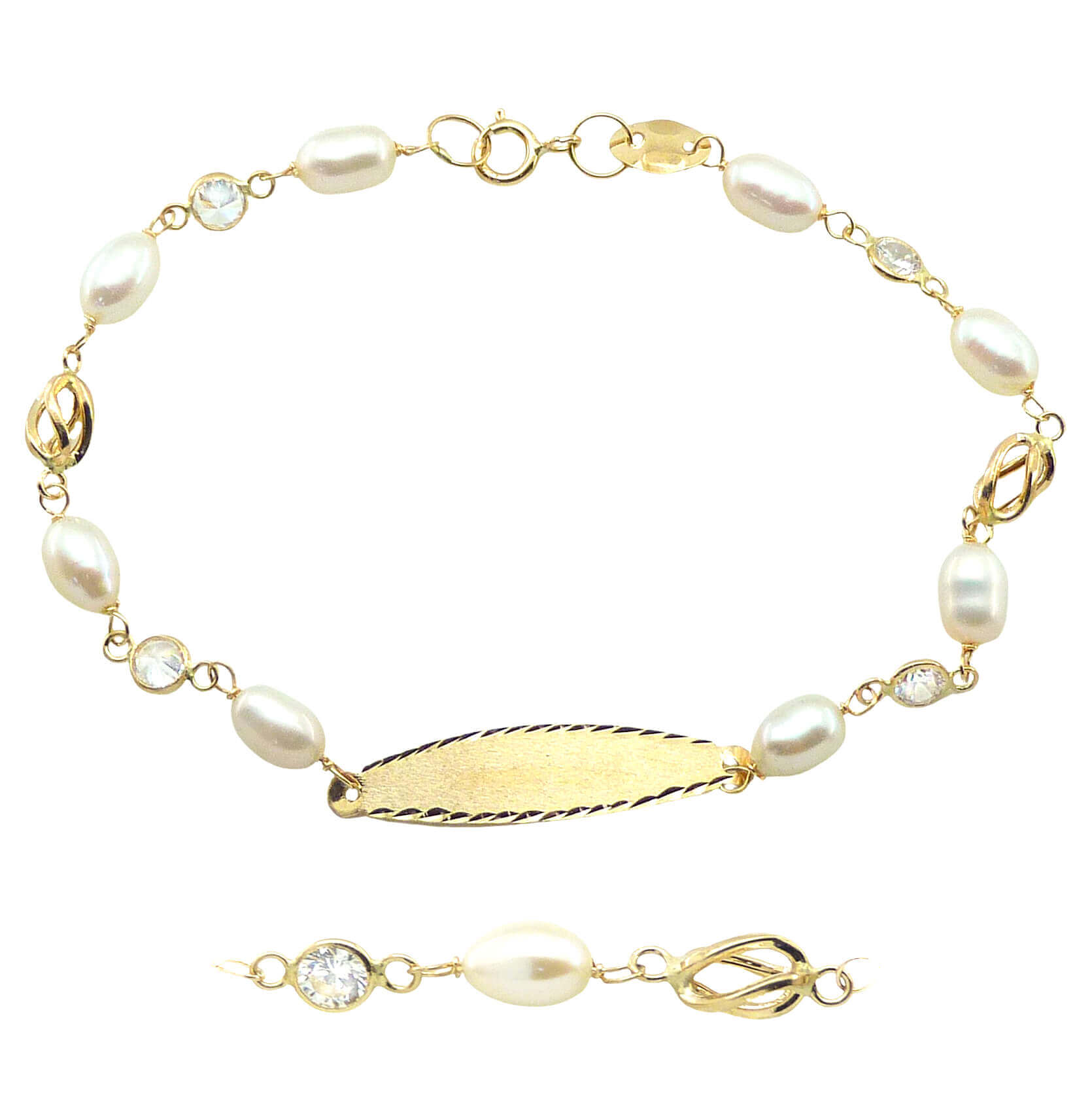 Esclava de comunión con chapa tallad perla y circonitas oro 18k