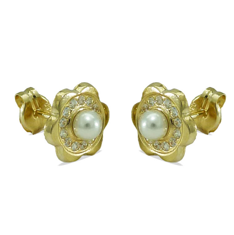 Pendientes flor con circonitas y perla oro 18k