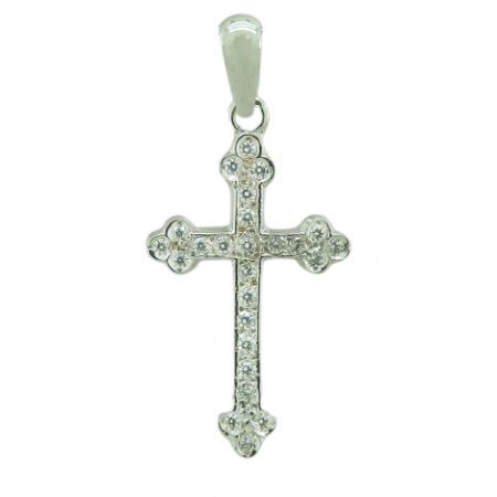 Colgante cruz tallada y circonitas 22x13mm. oro blanco 18k
