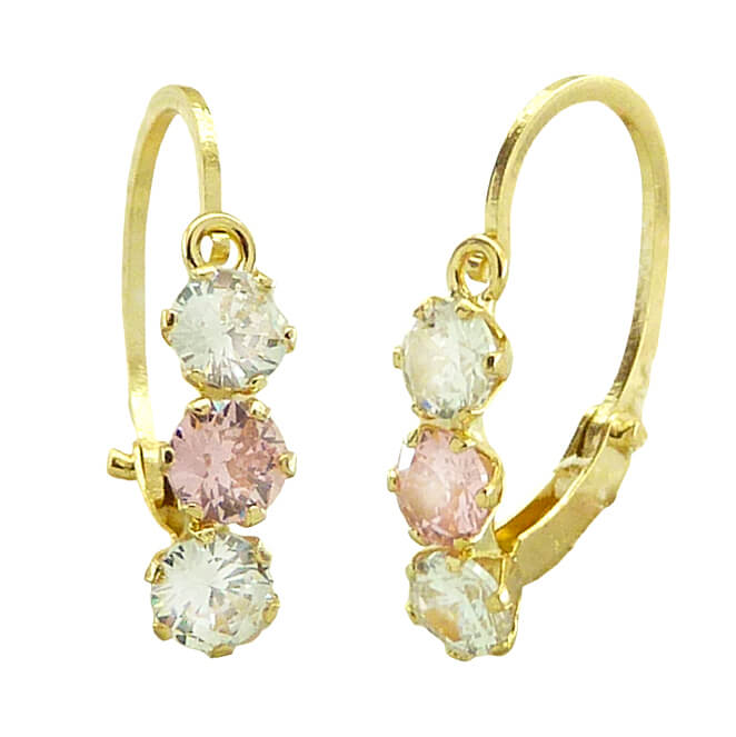Pendientes circonitas blancas y rosa cierre de ballestilla oro 18k