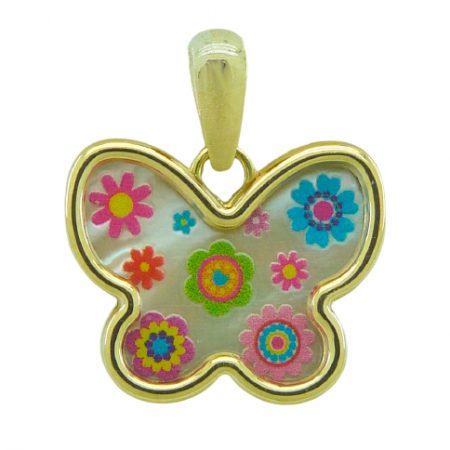 Colgante mariposa brillo nácar flores esmalte oro 18k