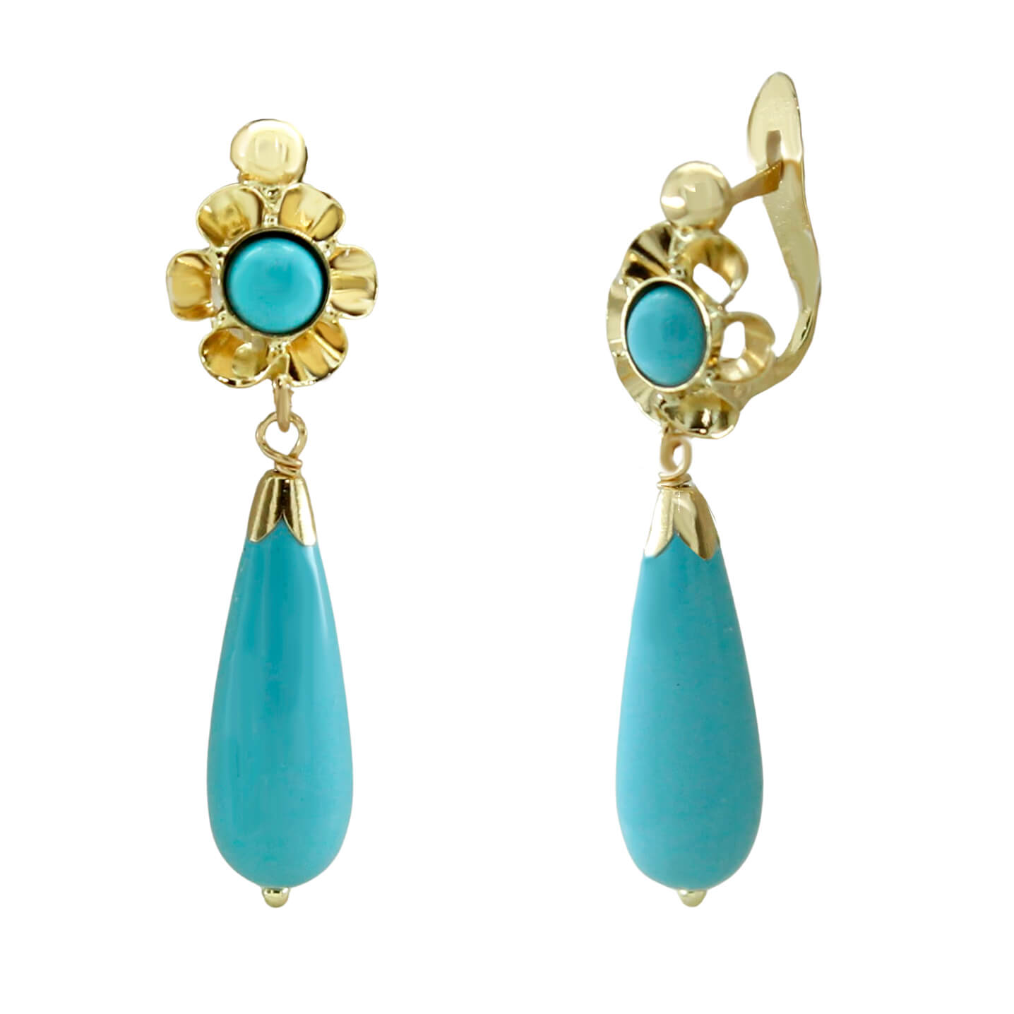 Pendientes arquillo chupón color turquesa medida 30mm.oro 18k