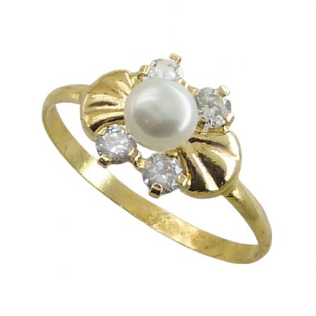 Anillo circonitas y perla comunion oro 18k