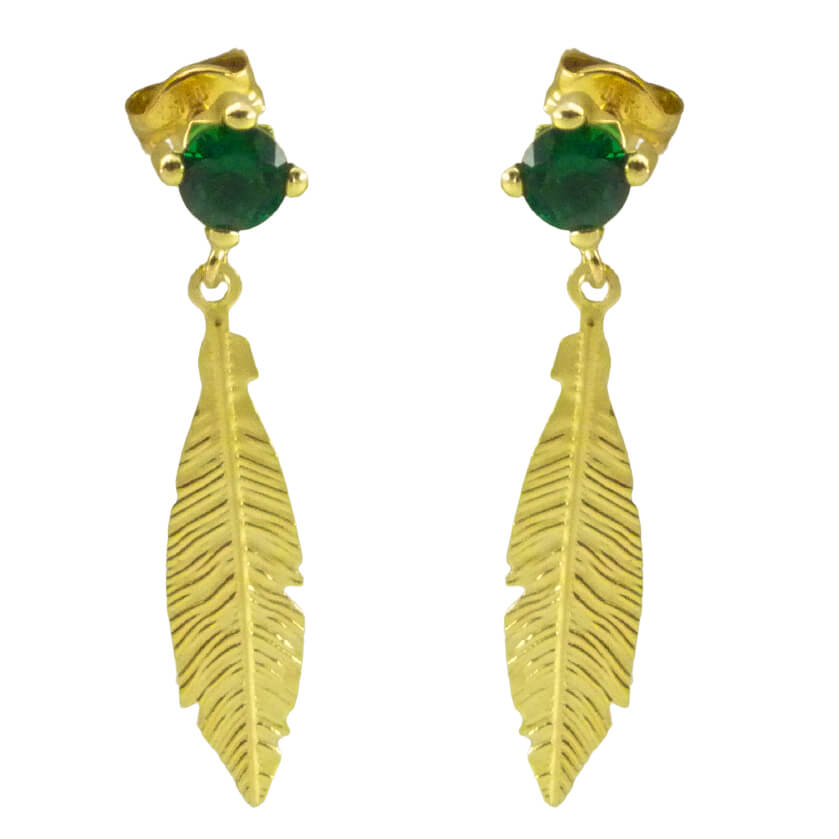 Pendientes pluma con circonitas verdes oro 18k