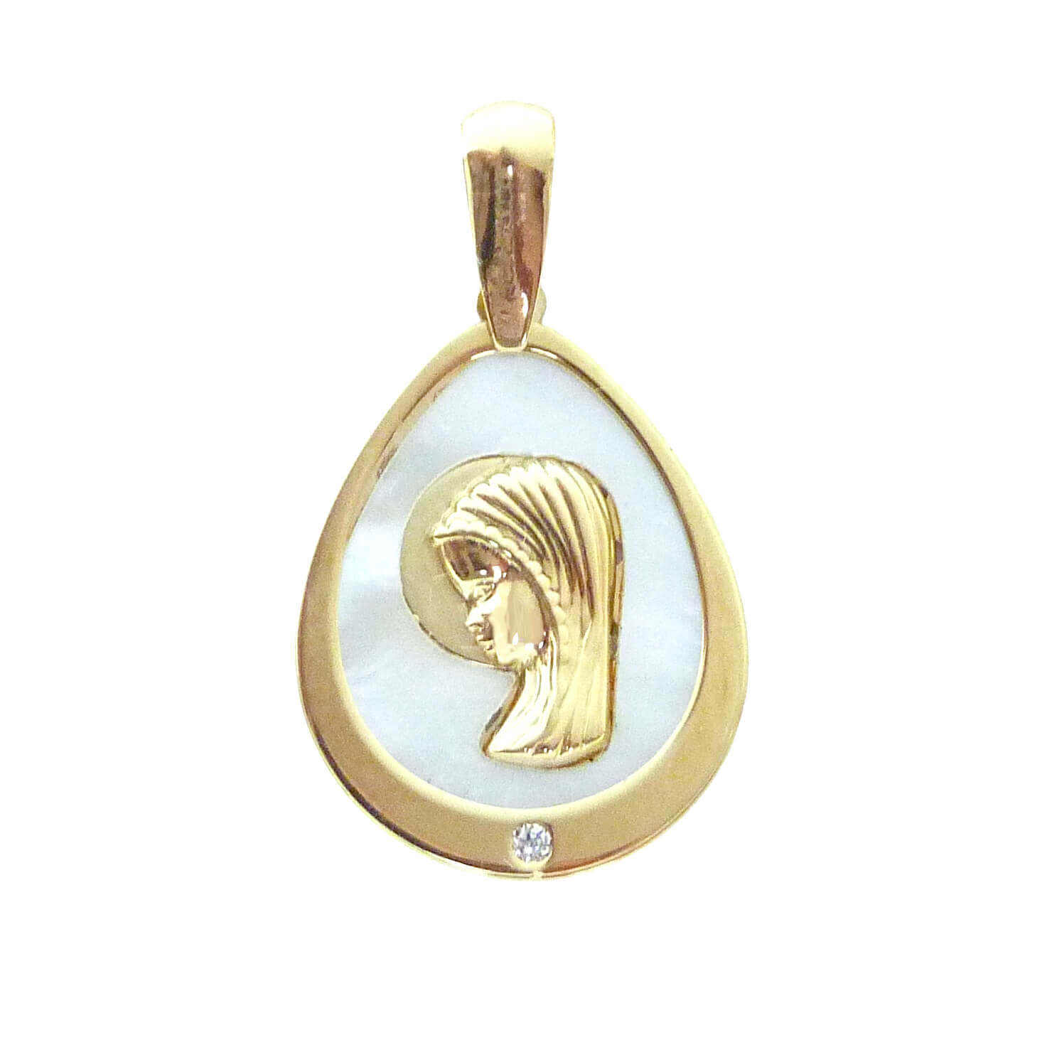 Medalla virgen niña nácar y circonita oval oro 18k