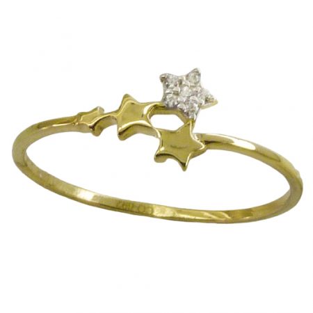 Anillo brillo liso tres estrellas circonitas oro 18k
