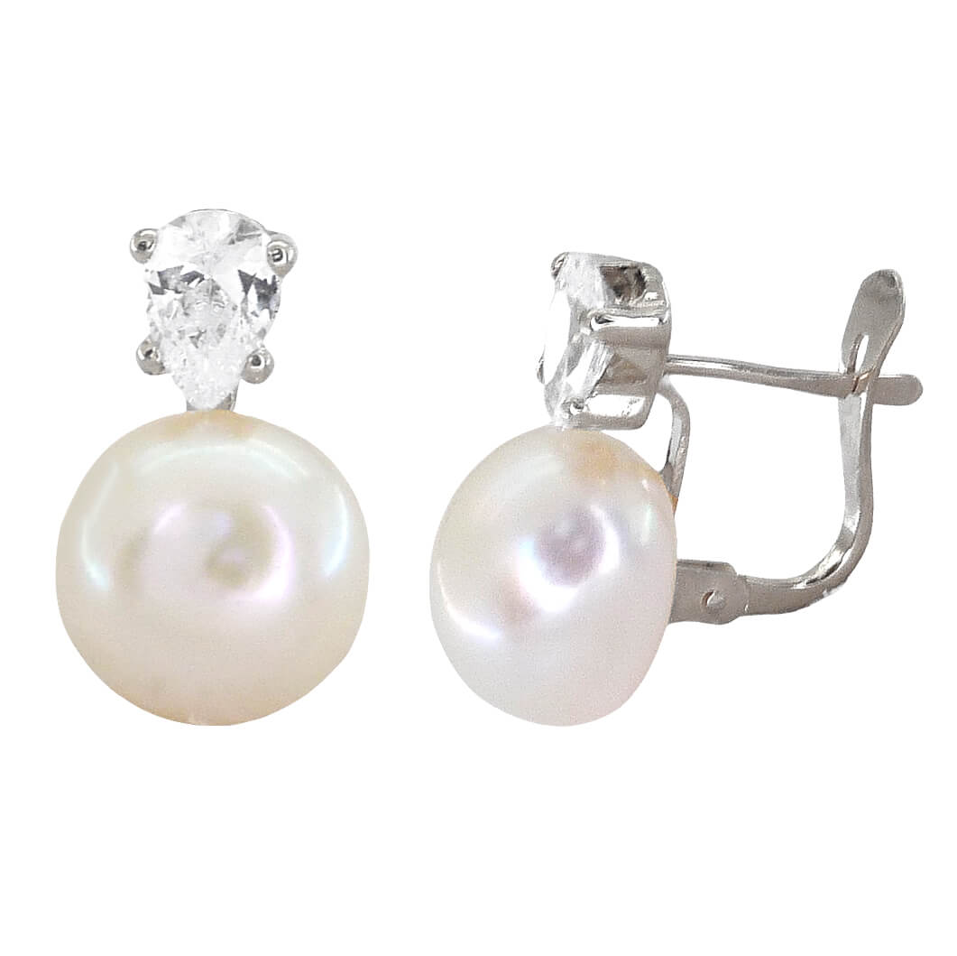 Pendientes garras circonita lágrima y perla de 10mm. oro blanco 18k
