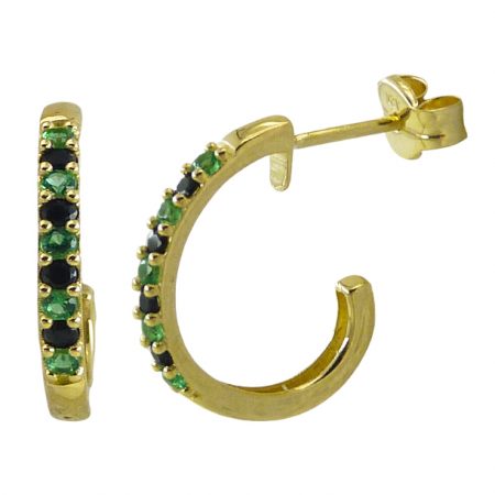 Pendientes medio aro circonitas negras y color esmeralda 13mm. oro 18k