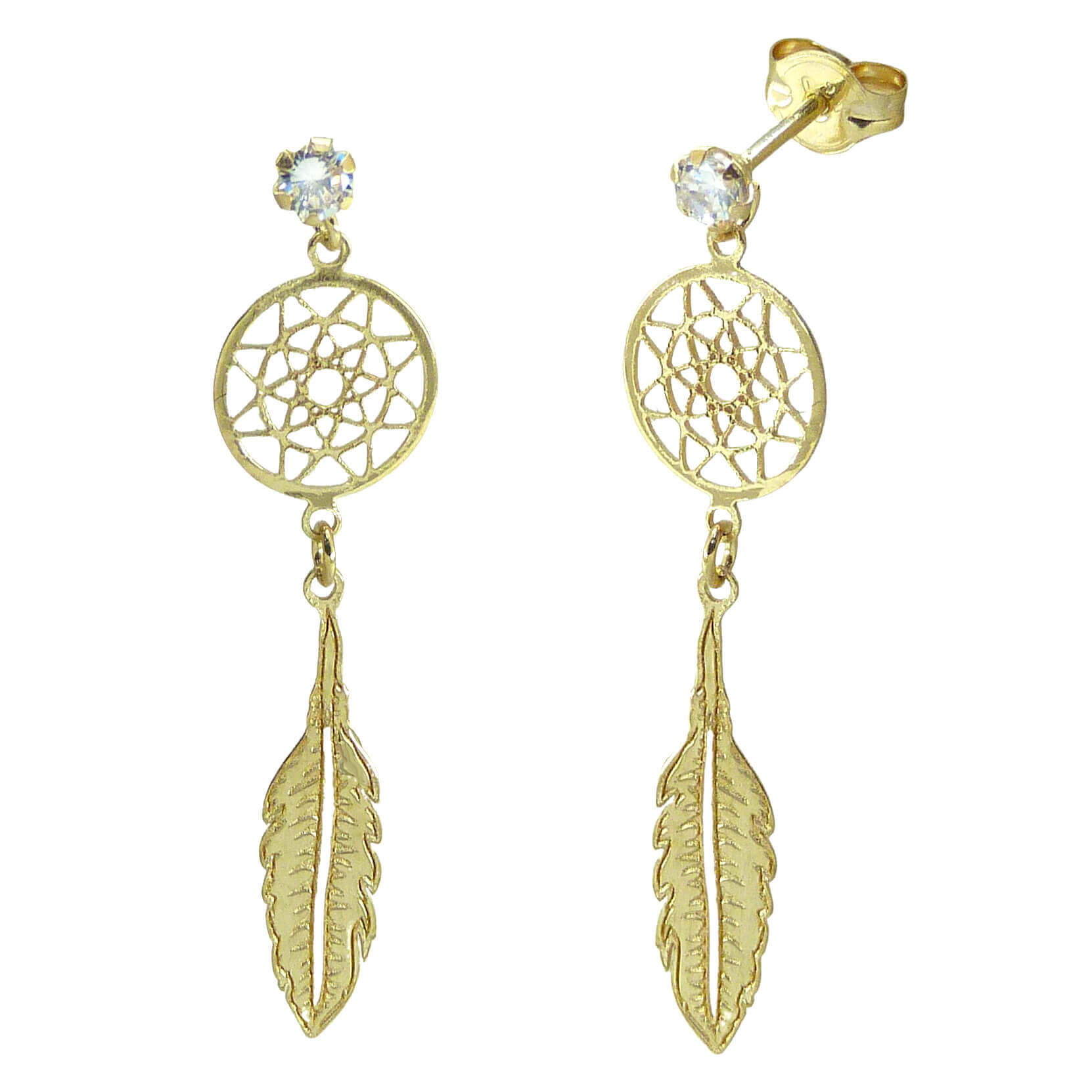 Pendientes atrapa sueños pluma tallada oro 18k