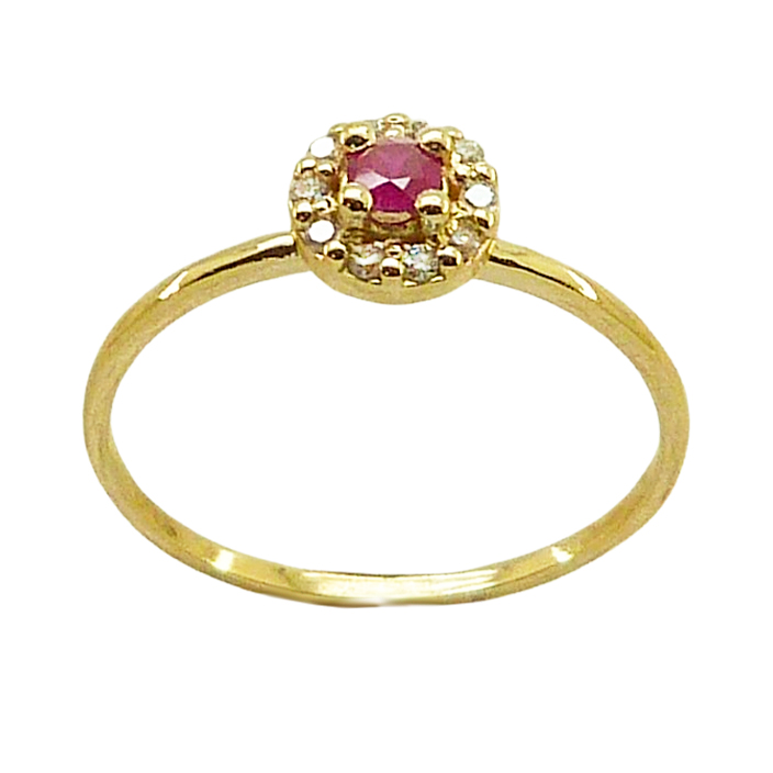 Anillo con rubí y 10 diamantes brillo espejo oro 18k