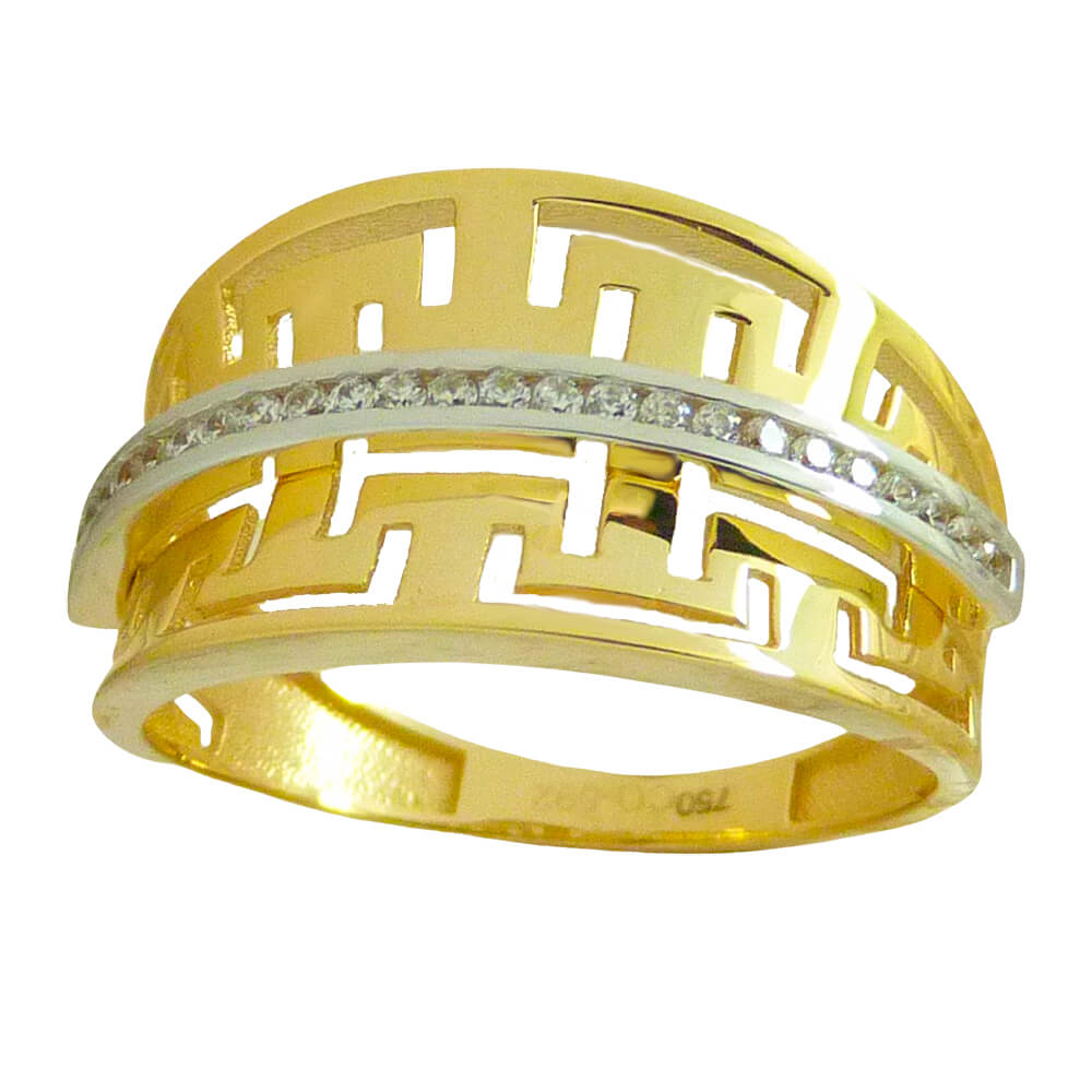 Anillo calado brillo bicolor greca con circonitas oro 18k