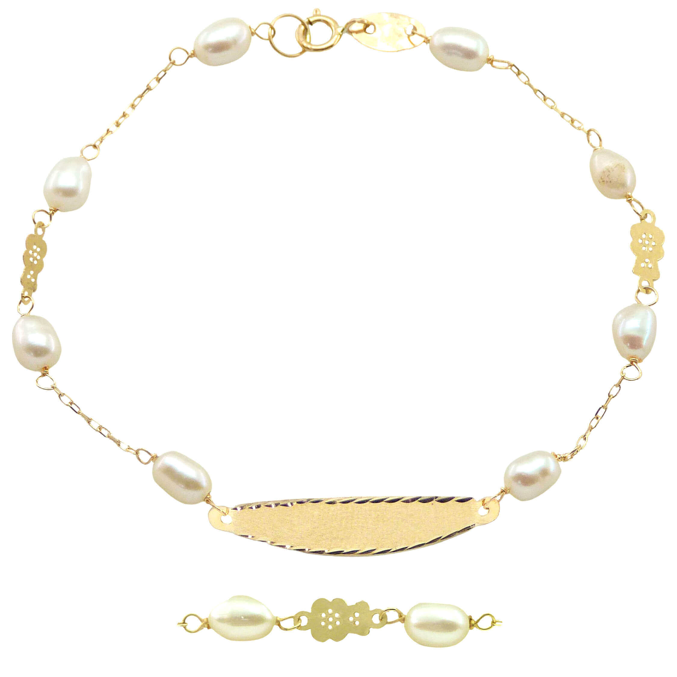 Esclava comunión chapa tallada perla natural y ositos oro 18k