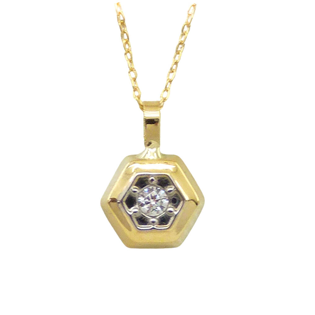 Gargantilla hexágono bicolor y circonita oro 18k.