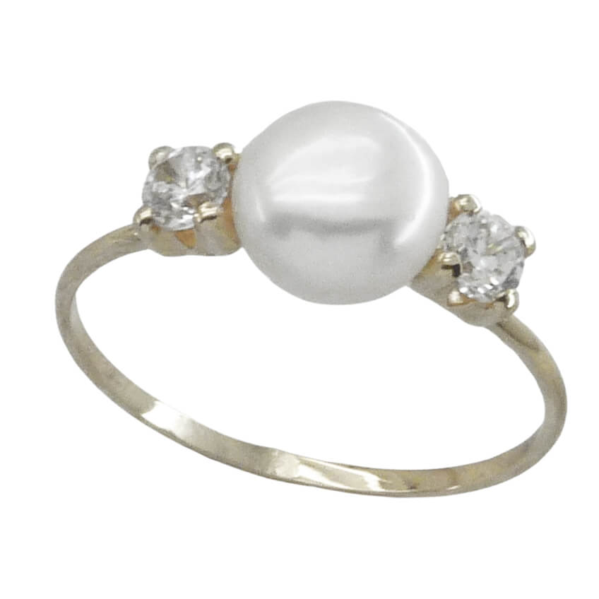 Anillo comunión garras con circonitas y perla natural oro blanco 18k
