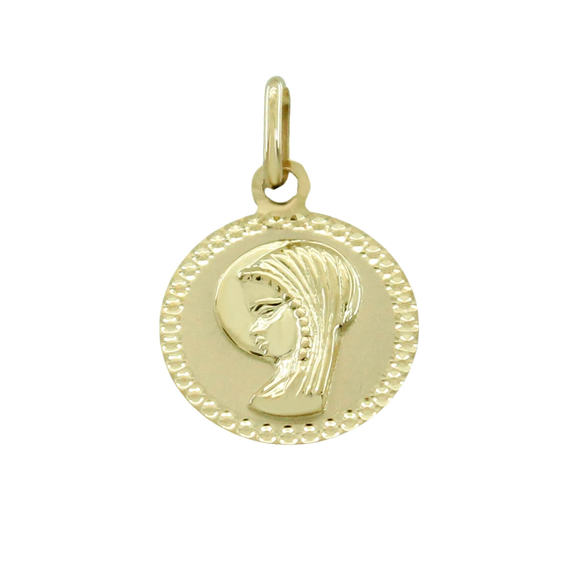 Medalla virgen niña centro satinado borde tallado oro 18k