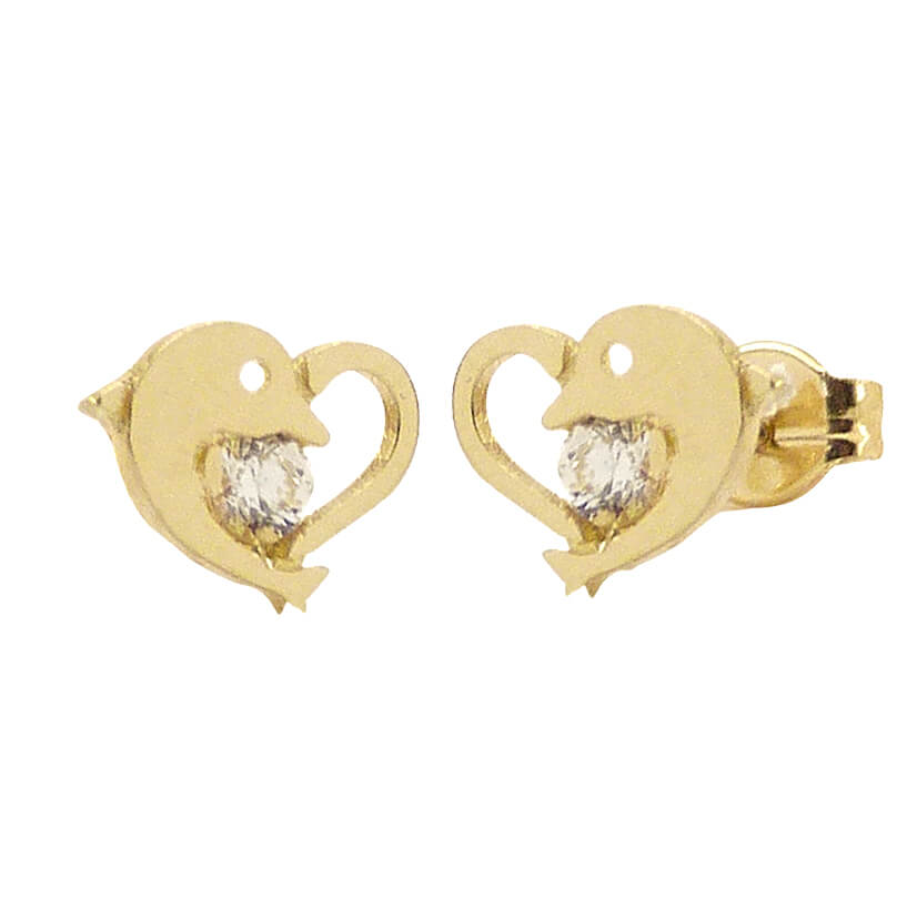 Pendientes corazón delfín circonita oro 18k