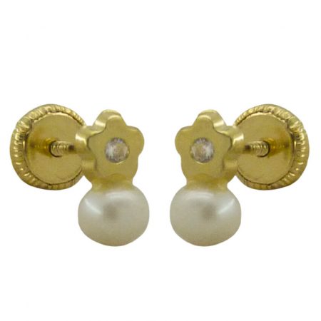 Pendientes flor circonita y perla 4'5/5mm oro 18k