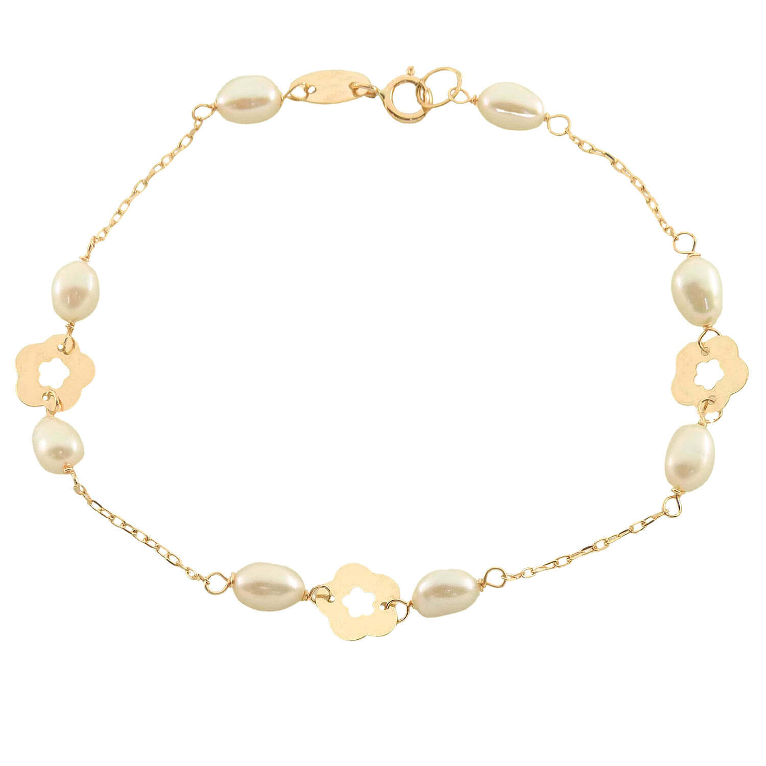 Pulsera de comunión con perla natural flores caladas oro 18k