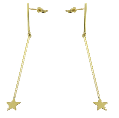 Pendiente largo tubo y estrella brillo liso oro 18k