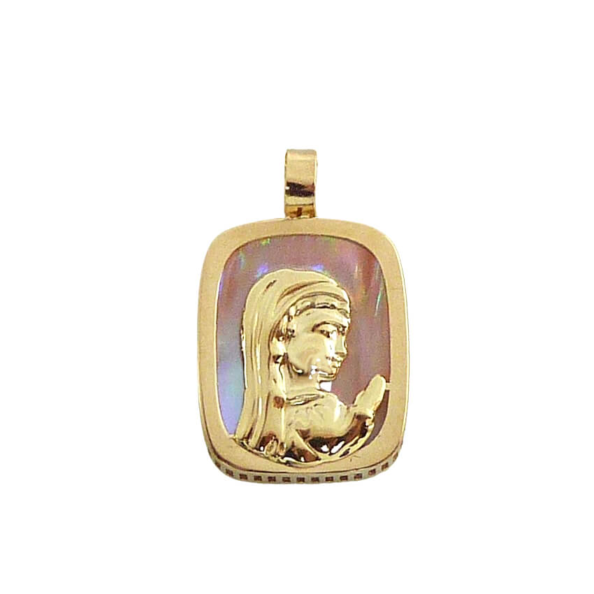 Medalla nácar rosa con virgen oro 18k