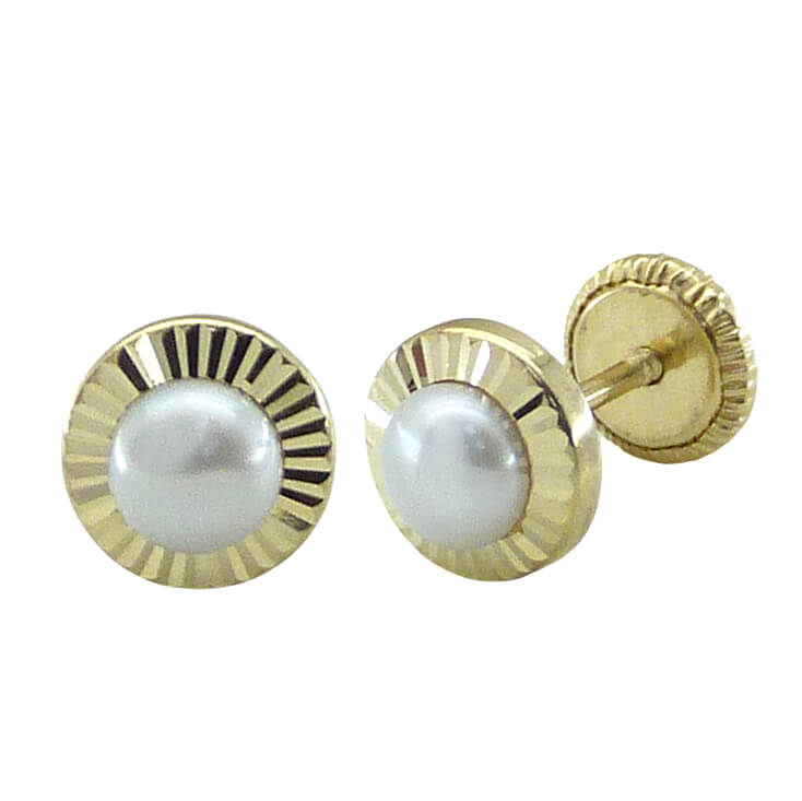 Pendientes orla tallada brillo con perla 6mm. oro 18k
