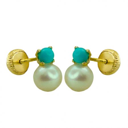 Pendientes perlas de 4'5mm. y bolas color turquesa oro 18k